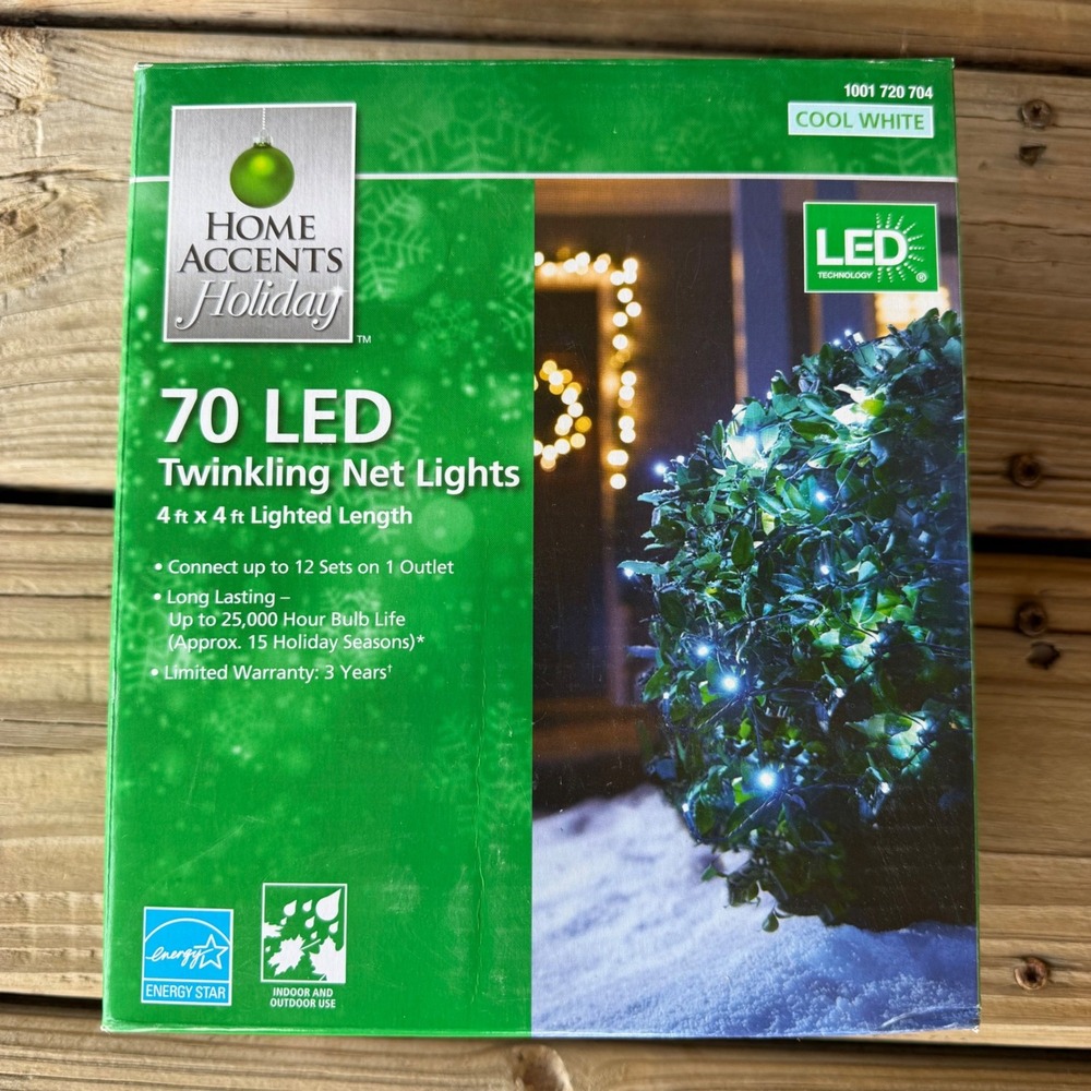 Home Accents Holiday 70 LED Twinkling Net‎ Lights Cool White 4x4ft TY186-1615W